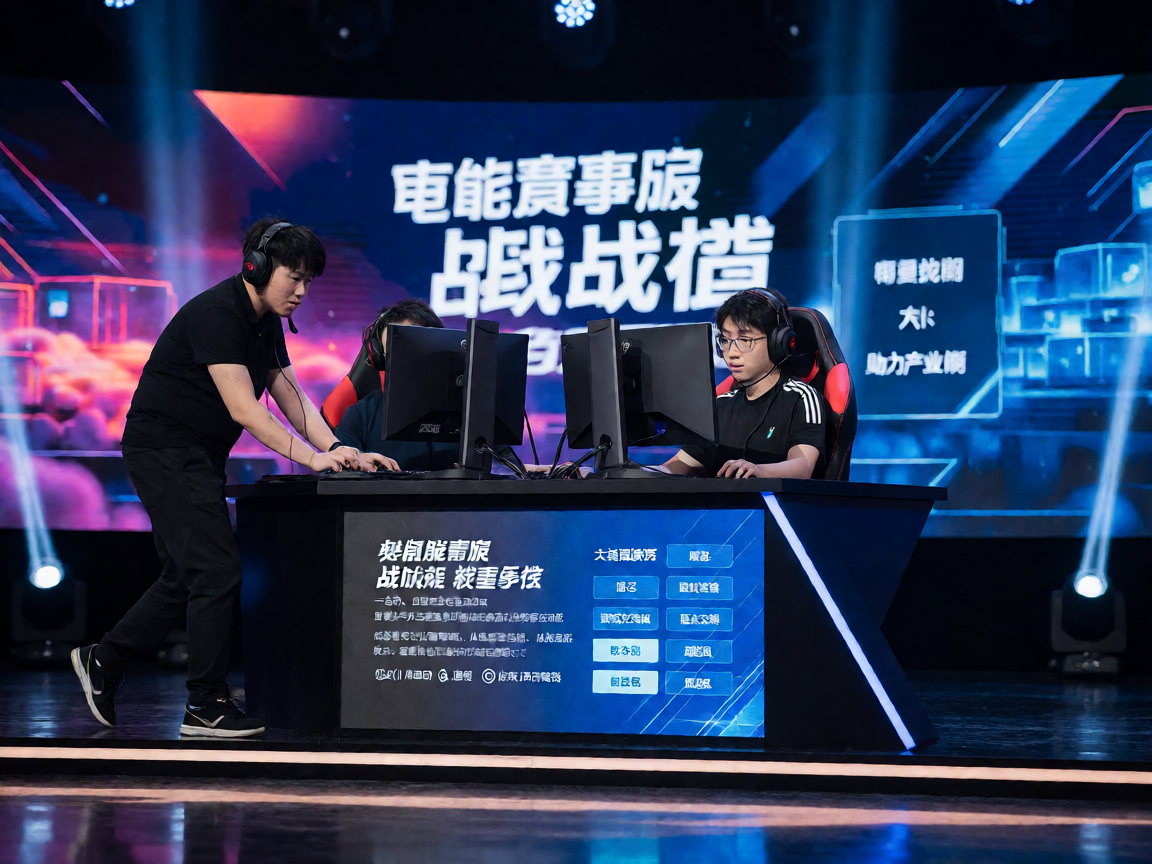 电竞比赛现场，选手在舞台上激烈对战